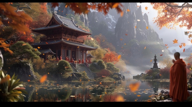 산의 수도원에서의 가을의 평온함
