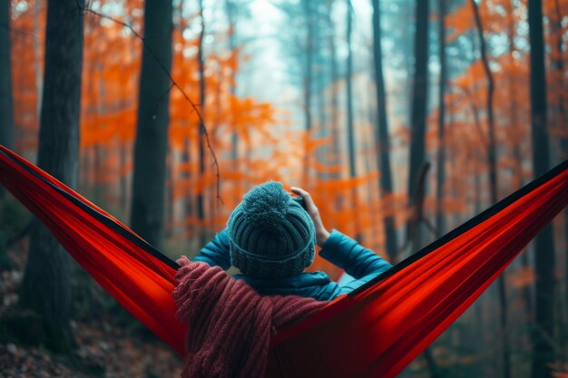 Foto la serenità autunnale una persona che si rilassa in un'amaca rossa in mezzo al fogliame colorato della foresta in una giornata tranquilla