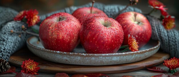 An autumnal still life in a garden with red apples on a plate a twig filled with flowers and a knitted napkin