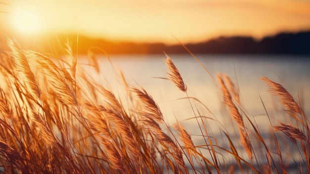 Autumnal sunset over river with dried grass serene landscape silhouette concept