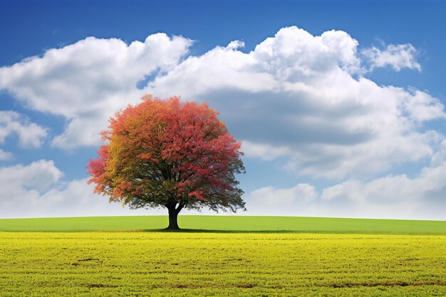 Photo autumnal tree on a green field and blue sky with clouds