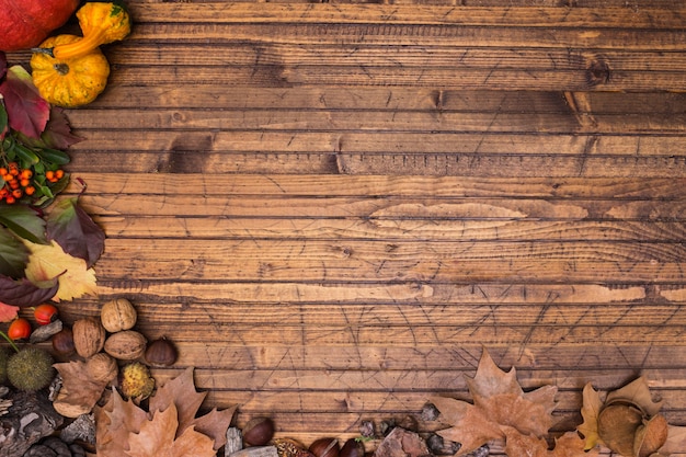 Autumnal wood frame in a wood background