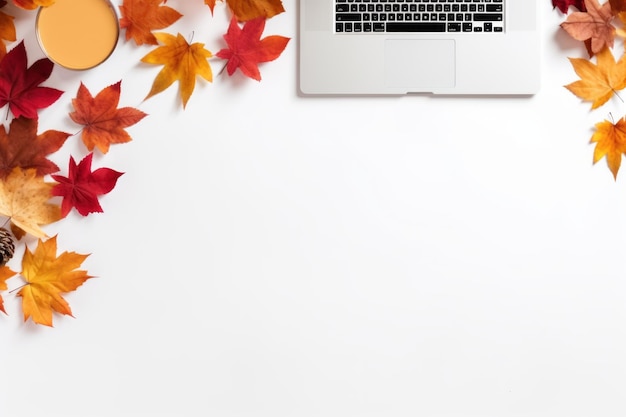 Autumninspired Home Office Vibrant Flat Lay Desktop with Colorful Leaves and Laptop