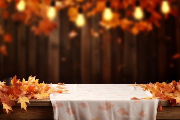 Autumninspired mockup a modern twist on an empty wooden table adorned with a tablecloth and autu