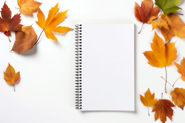 Autumninspired Notepad A Stunning Top View of White Background Adorned with Colorful Leaves ar 3