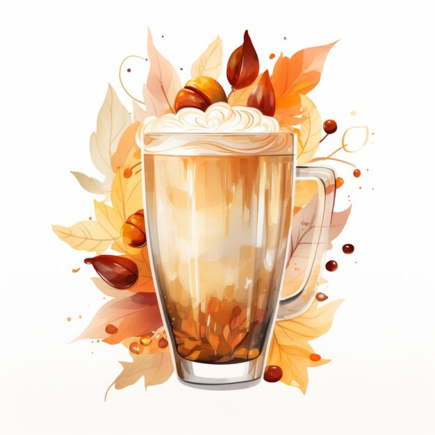 Photo autumninspired watercolour cartoon latte glass coffee cup a whimsical delight on white background