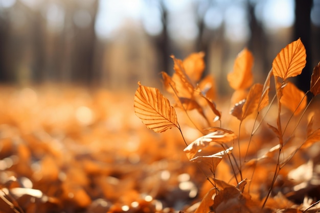 秋の金色のクローズアップ 葉がぼやけた 秋の風景 暖かい太陽の光 パステル色