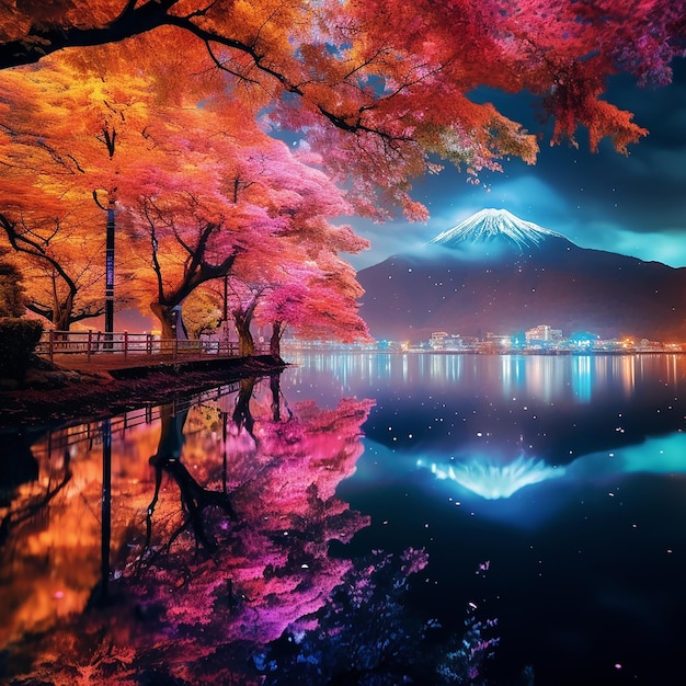秋 の 夜 の パレット 富士 の 色々 な 樹木
