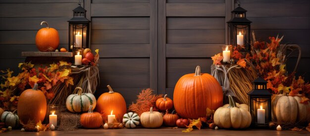 Autumnthemed home decoration with pumpkins candles and leaves