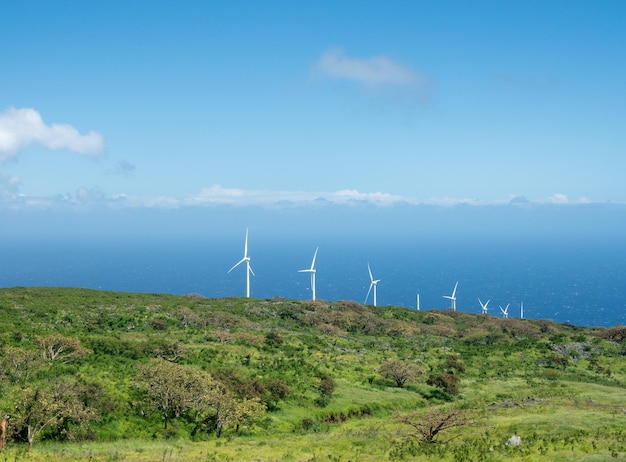 Auwahi windturbines rond de achterkant van Haleakala op Maui