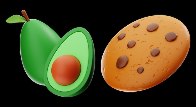 Avacado en koekjes eten en drinken pictogram 3D-rendering op geïsoleerde achtergrond