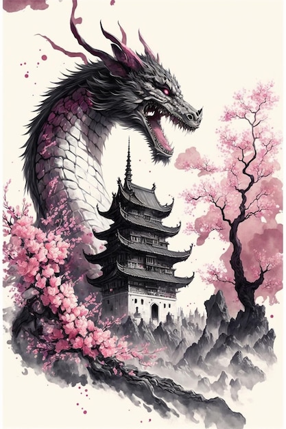 Лавина в китайском стиле, длинный дракон, летящий, Generative Ai