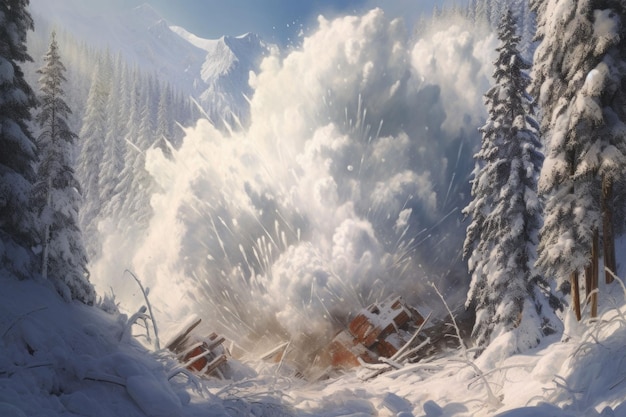 An avalanche is rumbling down a steep mountain slope Generative AI illustration