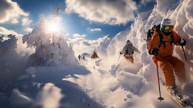 Foto una valanga sta ruggendo giù per un ripido pendio di montagna con gli sciatori