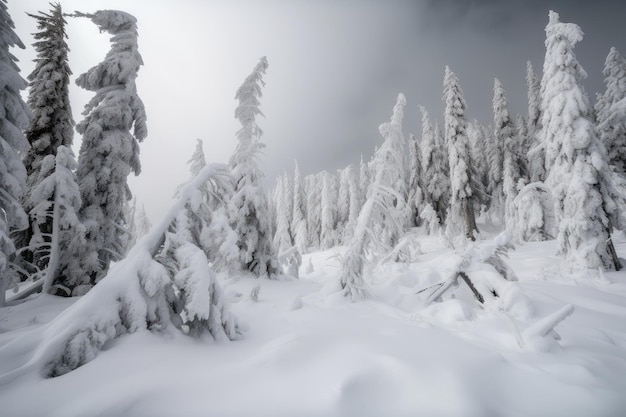 Avalanches and snowstorms in a winter forest with trees covered in snow
