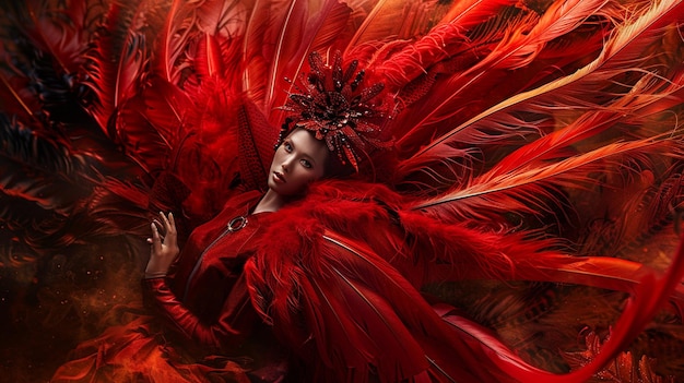 Avantgarde Red Dress Feathers Head Woman Elegance Experimental