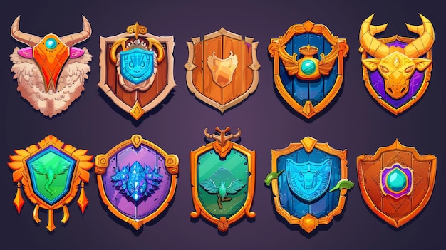 Photo avatar frames level ui icons wooden shields and banners with wings and horns isolated 2d graphic elements rewards and prizes for rpg design