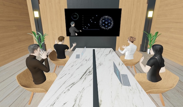 Avatar nell'ufficio riunioni online di metaverse e in aula persone nel mondo di metaverse