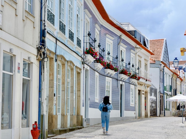 Aveiro Portugal daily life cozy colourful street downtown the city Elegant portuguese architecture