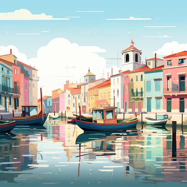 Aveiro The Venice of Portugal with Moliceiro Boats Illustration