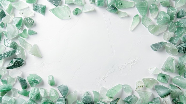 Photo aventurine pieces scattered on a white background with empty space in the center