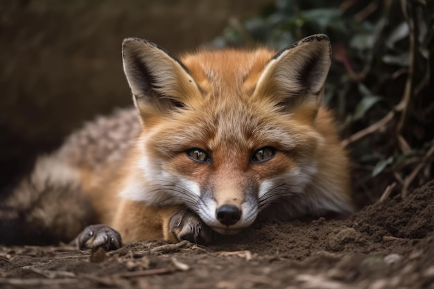 In the aviary at the zoo a young fox is curled up on the ground