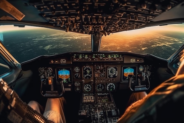 Aviation captain travel airplane aircraft flight transportation plane pilot cockpit Generative AI