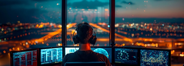 Aviation Communication Center Inside the Airport Tower with Air Traffic Controllers and Navigation Screens