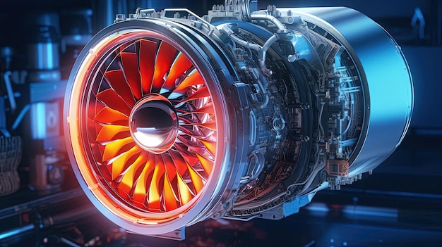 Foto motore turbofan dell'industria aeronautica sullo sfondo metallico