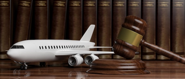 Aviation Law Blank commercial airplane and judge gavel on legal books background 3d illustration