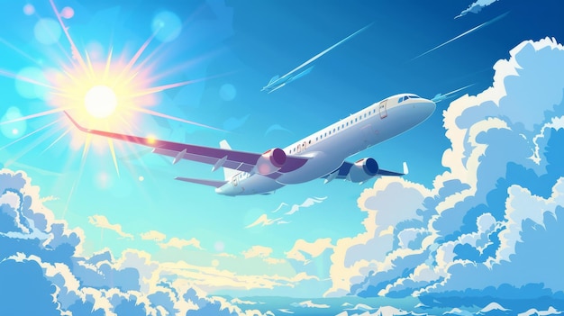 Aviation services and vacation travel concept banner with a passenger airplane flying in the middle of clouds against a blue sky with a sun Cartoon modern landscape with liner making flight