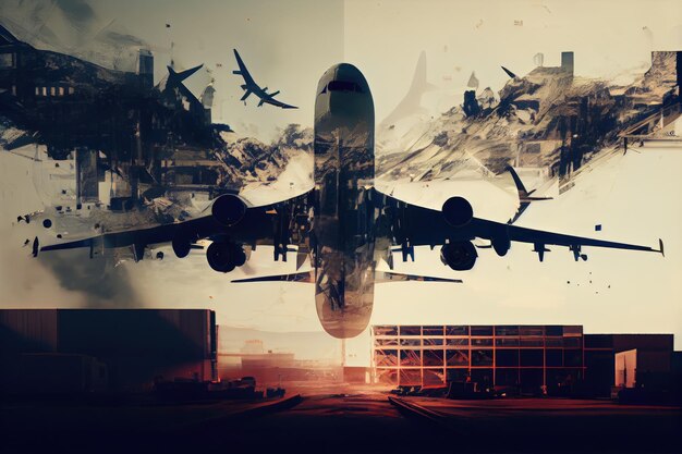 Photo aviaton industry double exposure with planes landing and taking off in the background