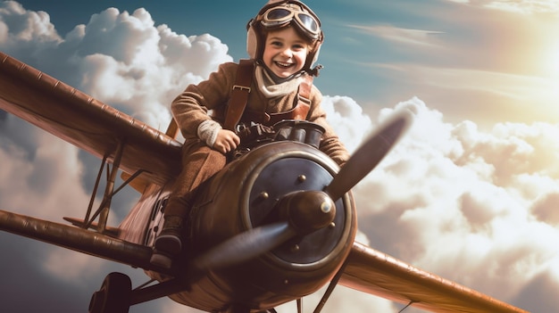 写真 雲の上を飛ぶ飛行士の少年が興奮した 創造的なaiイメージウェバー