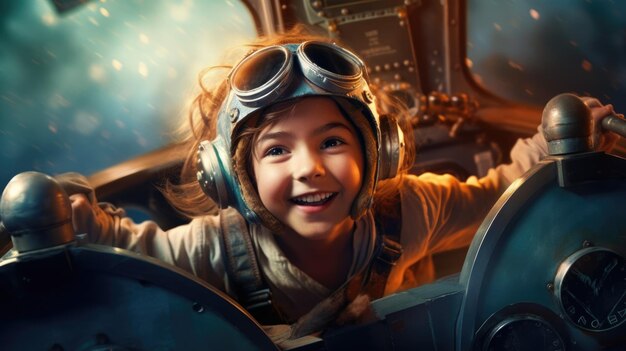 空の雲の上を飛んで興奮する飛行士の少女 AI 生成画像ウェーバー