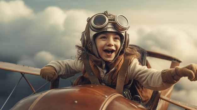 Aviator Girl opgewonden vliegen boven wolken in de lucht Generatieve AI afbeelding weber