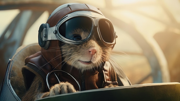 Aviator mouse in helmet and leather jacket is preparing for its next flight on miniature aircraft