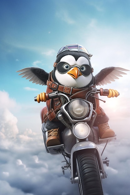 Aviator penguin riding a flying motorbike on blue sky generative ai