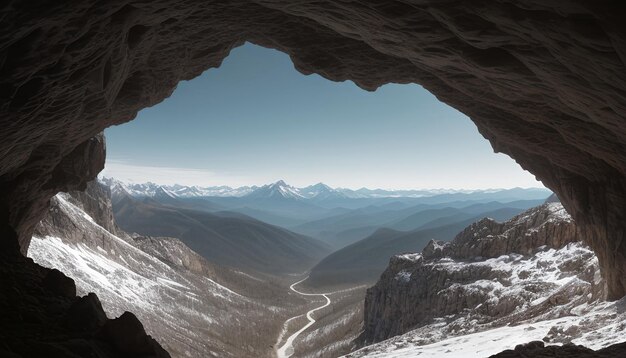 Foto aview di catena montuosa attraverso una grotta