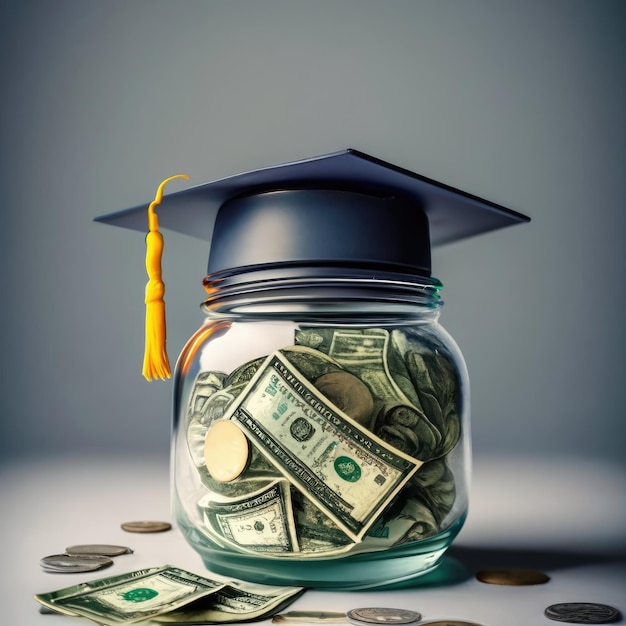 Photo aving money for college money in a jar with graduation hat on the top