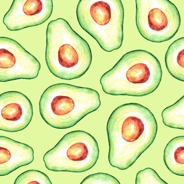 Avocado aquarel naadloze patroon op groene achtergrond Hand getrokken illustratie