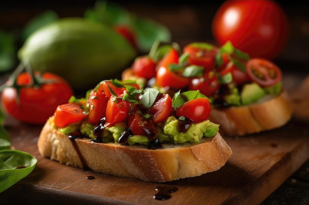 Avocado Bruschetta Met Tomatenblokjes En Balsamico Glazuur Generatieve AI