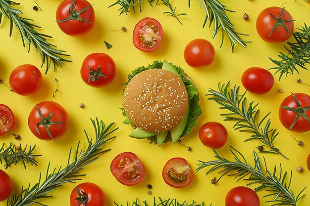 Avocado and cherry tomatoes surrounded around the hamburger on colored backdrop ar c