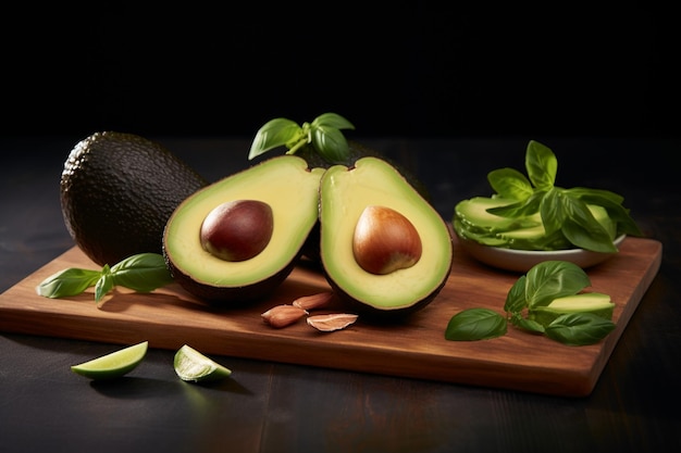 Avocado composition cutted in half on a wooden board