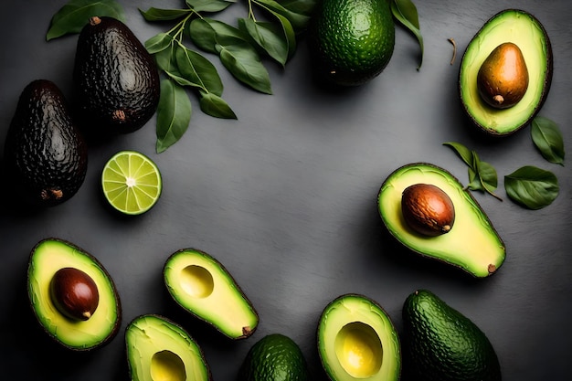 Avocado composition flat lay with free space for copy glass background