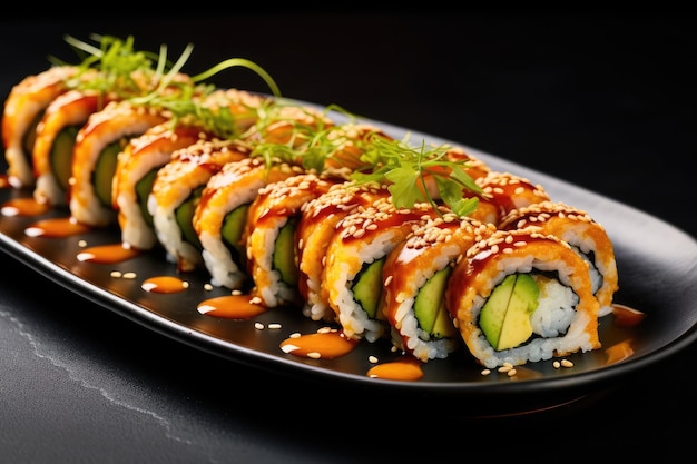 Avocado and cream cheese sushi rolls with sesame unagi sauce Sushi menu Japanese cuisine