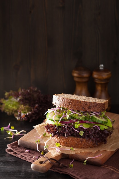 Sandwich di cetriolo di avocado con germogli di cipolla e ravanello