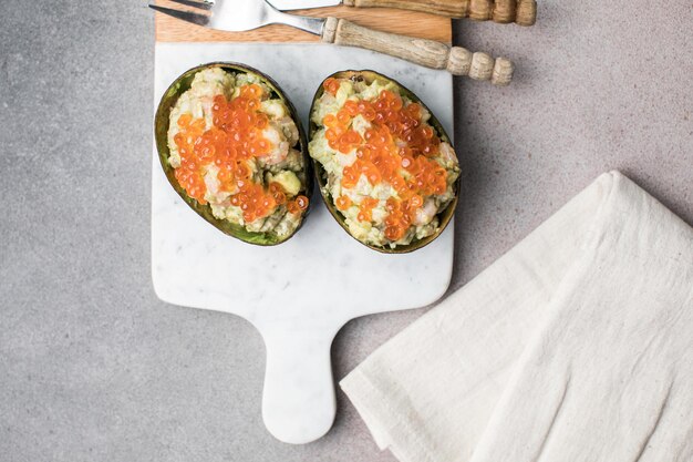 Avocado Cups Stuffed with Tasty Mexican Prawn and red caviar