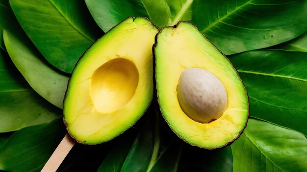 Avocado cut in half on green background