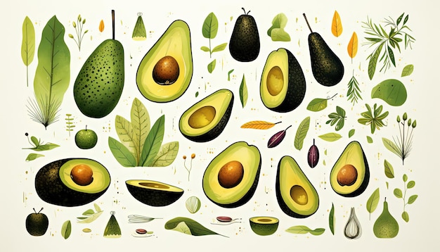 avocado cut open and half on a white background in the style of watercolor illustrations