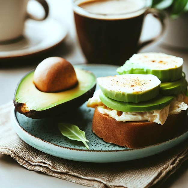 アボカド卵サンドイッチとコーヒーのヘルシーな朝食